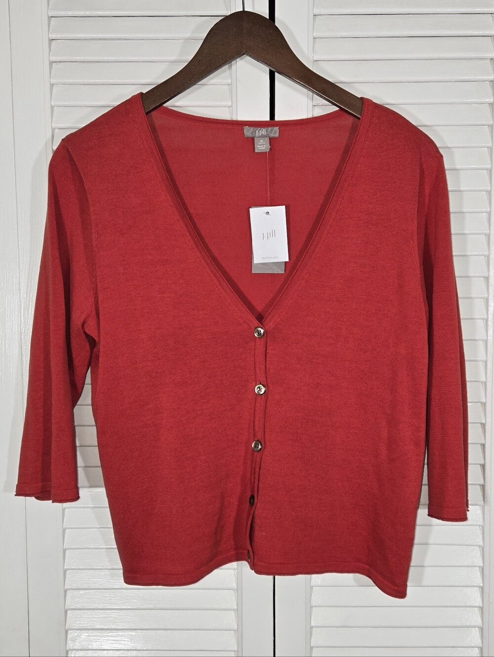 J Jill NWT Cropped Red Deep V 3/4 Sleeve Button Front Cardigan Sz MP